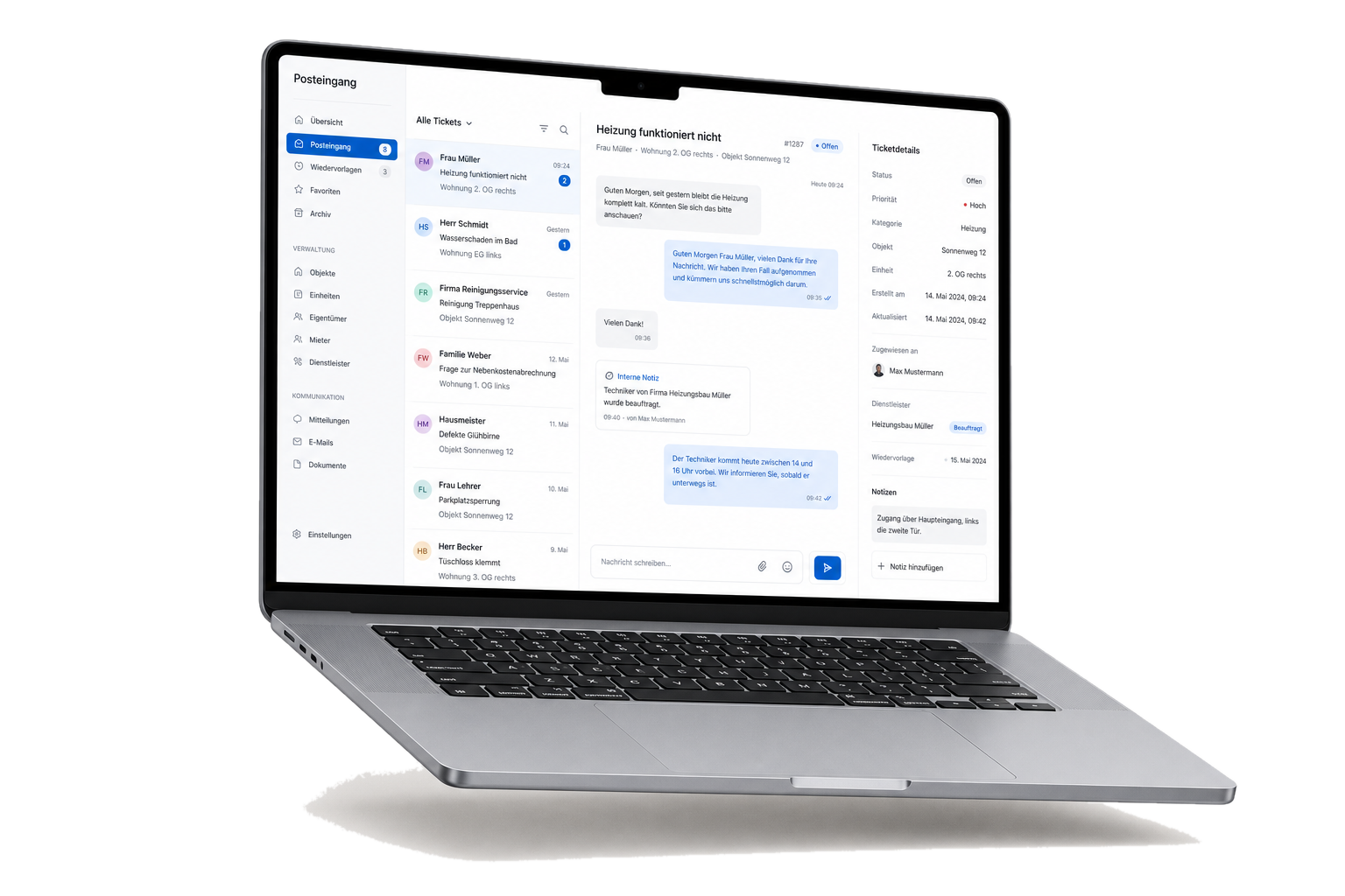 eEmployed Dashboard auf einem MacBook, zentrale Übersicht aller Mieter-Vorgänge